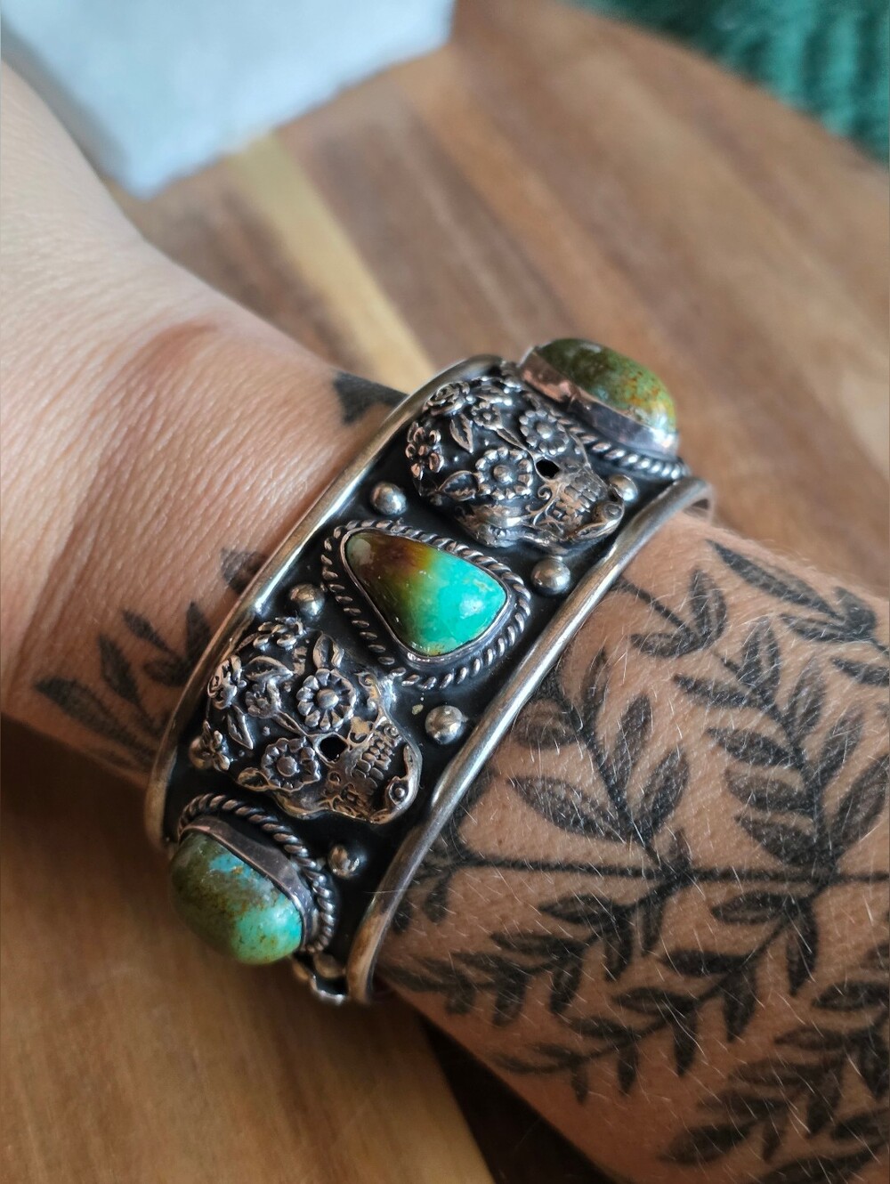 Handmade sterling silver And Turquoise cuff bracelet With sugar skull Design.